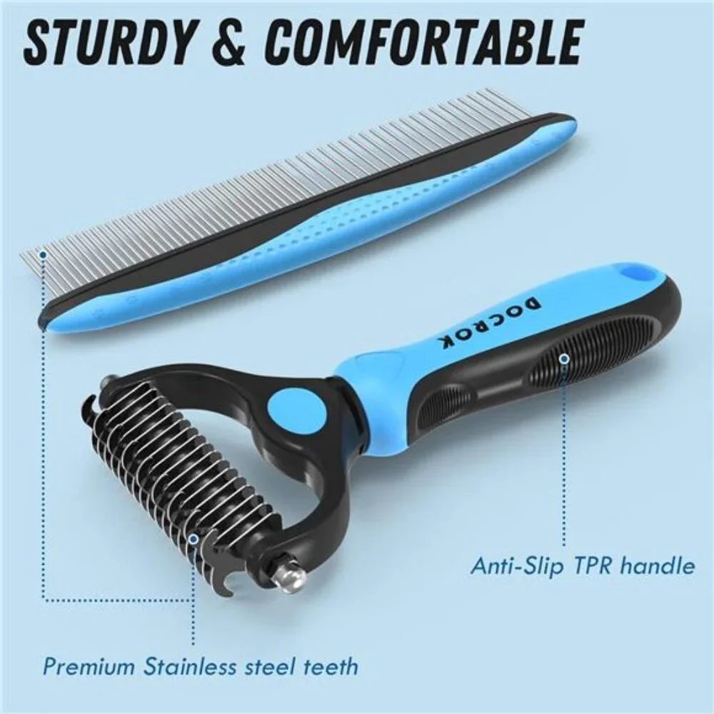 Pet Grooming Brush and Metal Comb Combo, Cat Brush Dog Brush for Shedding